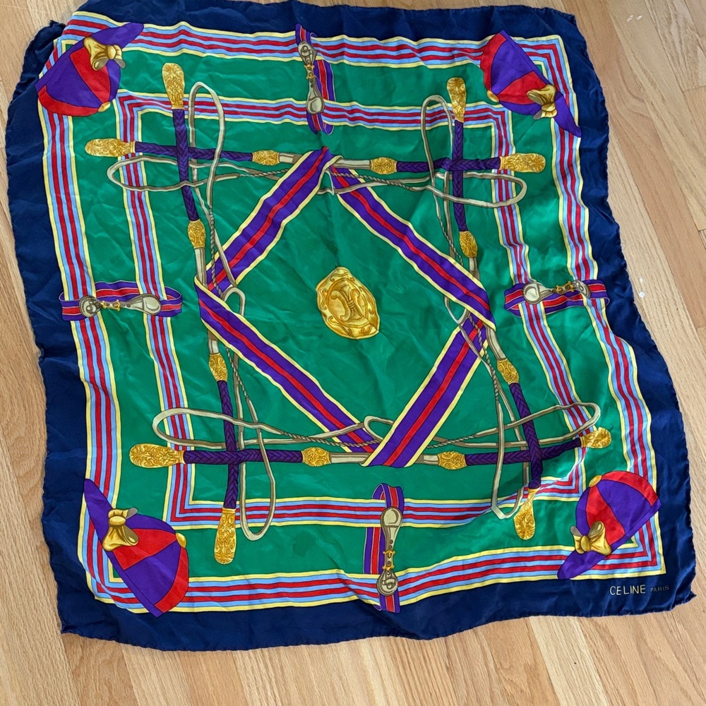 Celine Vibrant Silk Scarf with Green and Gold